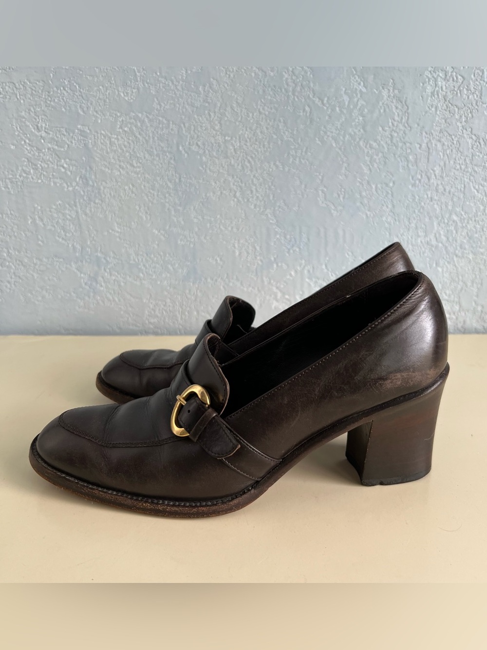 Vintage Y2K Cole Haan Brown Italian Leather Buckle Heel Loafers 6.5
